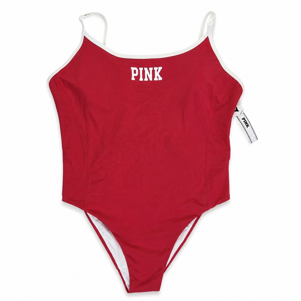PINK Victoria's Secret Red Logo One Piece Swimsuit Low Back White Trim L NWT